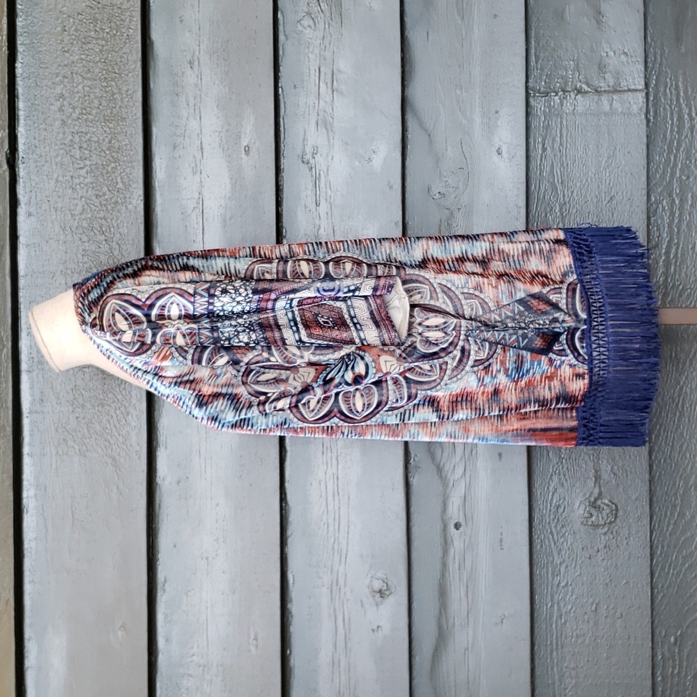165 ONE WORLD Printed Velvet Dolman Fringe Hem Kimono Topper Cardigan M Women's - Picture 4 of 9